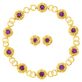 Tiffany & Co. Gold and Amethyst Necklace and Pair of Earclips