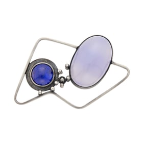Margaret De Patta Mid-Century Silver, Blue Chalcedony and Lapis Brooch