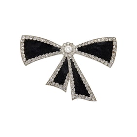 Belle Époque Platinum, Diamond and Black Velvet Bow Brooch