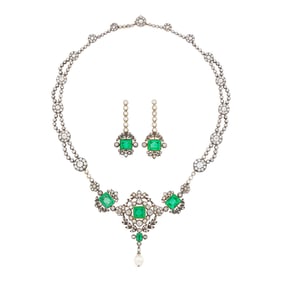 Antique Silver, Gold, Emerald, Diamond and Natural Pearl Swag Necklace and Pair of Pendant-Earrings