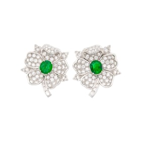 Pair of Platinum, Emerald and Diamond Flower Earclips