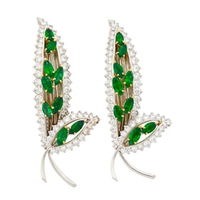 Hammerman Brothers Pair of Platinum, Gold, Emerald and Diamond Leaf Barrettes