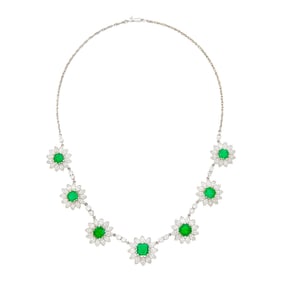 Platinum, White Gold, Emerald and Diamond Flower Necklace