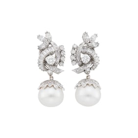 Pair of Platinum, Diamond and South Sea Cultured Pearl Pendant-Earrings