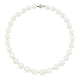 Semi-Baroque South Sea Cultured Pearl Necklace with White Gold and Diamond Ball Clasp