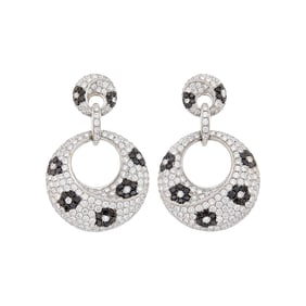 Pair of White Gold, Diamond and Black Diamond Flower Pendant-Earrings