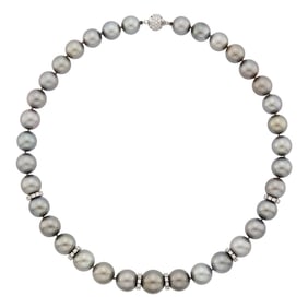 Tahitian Gray Cultured Pearl, White Gold and Diamond Necklace
