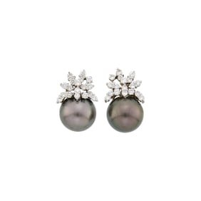 Pair of White Gold, Tahitian Gray Cultured Pearl and Diamond Earclips