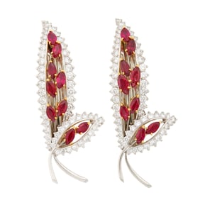 Hammerman Brothers Pair of Platinum, Gold, Ruby and Diamond Leaf Barrettes