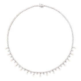 White Gold, Platinum, Cultured Pearl and Diamond Necklace