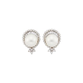 Pair of White Gold, Cultured Pearl and Diamond Earclips
