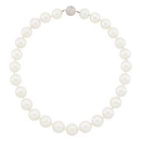 South Sea Cultured Pearl Necklace with White Gold and Diamond Ball Clasp