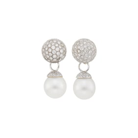 Pair of White Gold and Diamond Dome Earrings with Detachable White Gold, South Sea Cultured Pearl