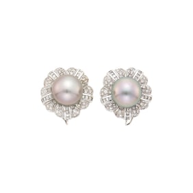Pair of White Gold, Tahitian Gray Cultured Pearl and Diamond Flower Earclips
