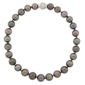 Tahitian Gray Cultured Pearl Pearl Necklace with White Gold and Diamond Ball Clasp