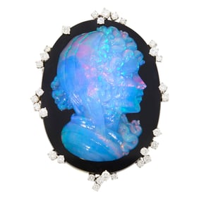 White Gold, Carved Opal, Black Onyx and Diamond Pendant-Brooch