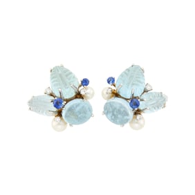 Seaman Schepps Pair of Gold, Aquamarine, Sapphire, Diamond and Cultured Pearl Cluster Earclips