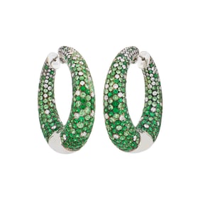 Pair of White Gold, Tsavorite Garnet and Diamond Hoop Earrings
