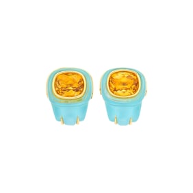 Seaman Schepps Pair of Gold, Carved Rock Crystal, Reconstituted Turquoise and Citrine Earclips