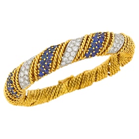 Two-Color Gold, Sapphire and Diamond Bombé Bangle Bracelet