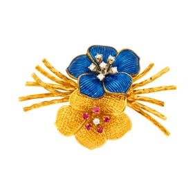 Cartier Gold, Blue Enamel, Diamond and Ruby Flower Brooch