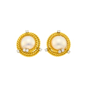 Tiffany & Co., Schlumberger Pair of Gold, Platinum, Mabé Pearl and Diamond 'Rope' Earclips