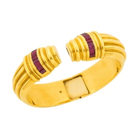 Gold and Ruby Cuff Bangle Bracelet