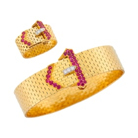 Gold, Platinum, Ruby and Diamond Buckle Bracelet and Ring