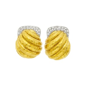 Pair of Hammered Gold and Diamond Bombé Earclips