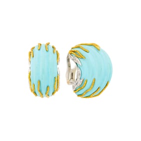 Fred Leighton Pair of Gold, Platinum, Carved Turquoise and Diamond Earclips