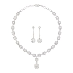 White Gold and Diamond Pendant-Necklace and Pair of Pendant-Earrings