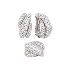 Pair of White Gold and Diamond Half-Hoop Earrings and Ring