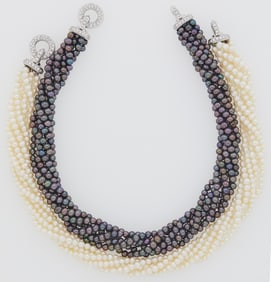 Verdura Two Six Strand Black and White Cultured Pearl Torsade Necklaces with White Gold and Diamond