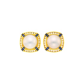 Tiffany & Co. Pair of Gold, Mabé Pearl, Diamond and Sapphire Earclips
