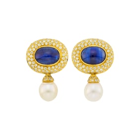 Pair of Gold, Cabochon Kyanite, Diamond and Cultured Pearl Pendant-Earclips