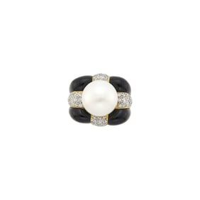 Two-Color Gold, South Sea Cultured Pearl, Black Onyx and Diamond Ring