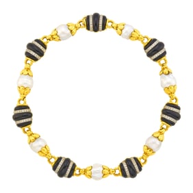 Two-Color Hammered Gold, Baroque South Sea Cultured Pearl, Black Onyx and Diamond Necklace