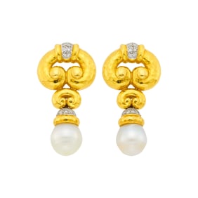 Pair of Hammered Gold, Semi-Baroque South Sea Cultured Pearl and Diamond Pendant-Earclips