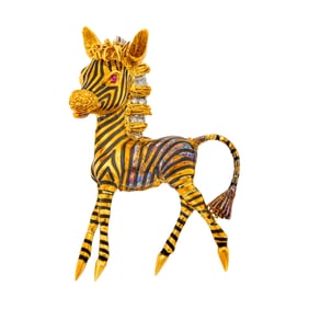 Frascarolo Two-Color Gold, Black Enamel and Diamond Zebra Foal Clip-Brooch