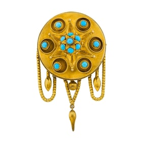 Archaeological Revival Gold and Turquoise Pendant-Brooch