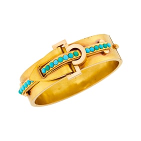 Antique Two-Color Gold and Turquoise Buckle Bangle Bracelet