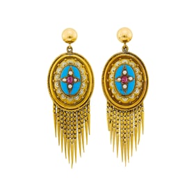 Pair of Arachaeological Revivial Gold, Ruby, Split Pearl and Enamel Fringe Earrings