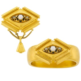 Antique Gold, Diamond and Split Pearl Bangle Bracelet and Brooch