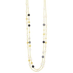 Judith Ripka Two Long Gold, Multicolored Freshwater Pearl, Black Onyx, Hematite and Rock Crystal