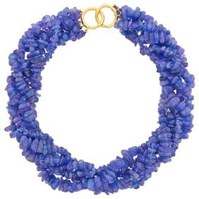 Tiffany & Co., Paloma Picasso Five Strand Tumbled Tanzanite Bead Torsade Necklace with Gold Clasp
