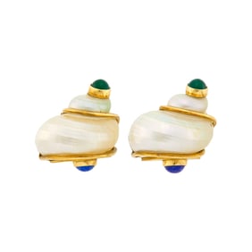 Seamen Schepps Pair of Gold, Shell, Green Onyx and Lapis Earclips