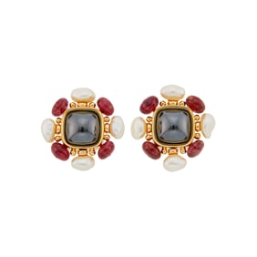 Pair of Gold, Hematite, Garnet Bead and Baroque Freshwater Pearl Earclips