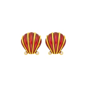 Tiffany & Co., Schlumberger Pair of Gold, Red Enamel and Diamond Shell Earclips