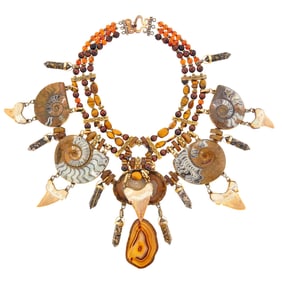 Tony Duquette Oversized Silver-Gilt Amber, Hardstone, Shell and Chalcedony Bead Fringe Necklace