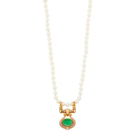 Long Cultured Pearl Necklace with Gold, Cabochon Emerald and Diamond Enhancer Pendant